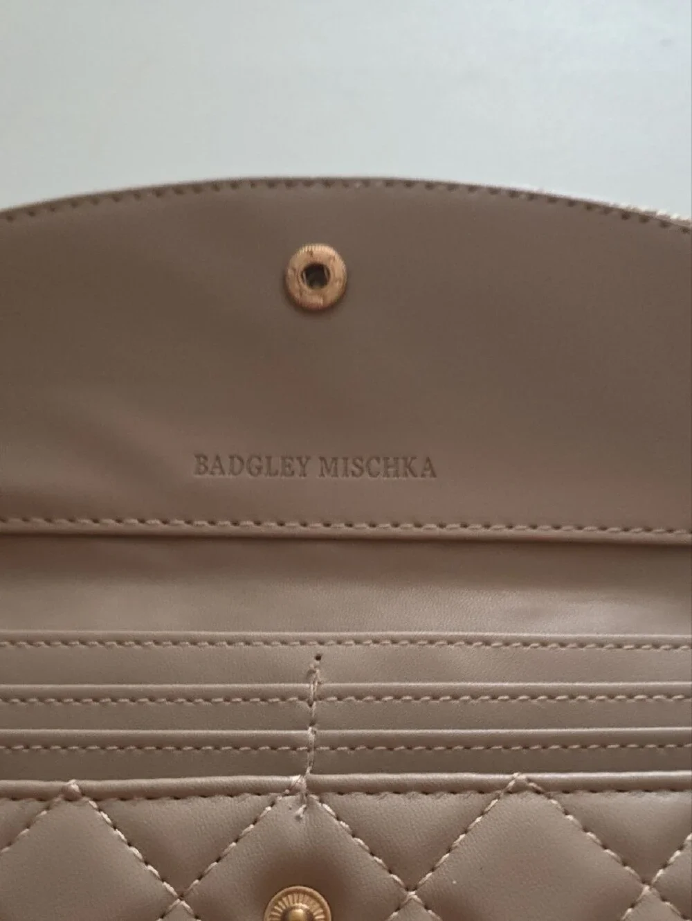 Badgley Mischka Quilted Taupe Wallet Clutch with Gold Logo
